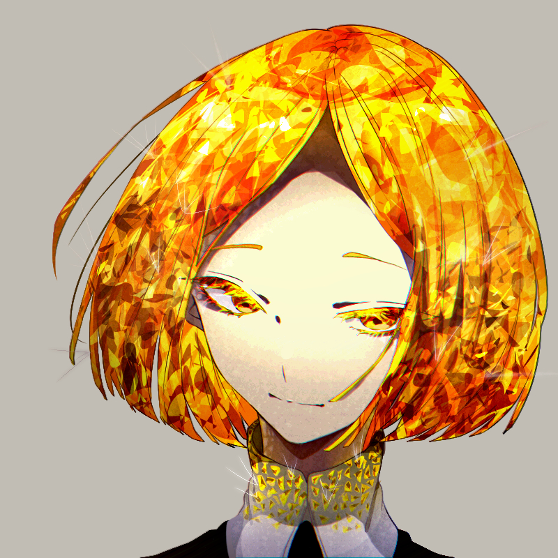 androgynous blonde_hair colored_eyelashes crystal_hair face gem_uniform_(houseki_no_kuni) grey_background houseki_no_kuni kanmiya_(amamia06-16) looking_at_viewer short_hair smile solo yellow_diamond_(houseki_no_kuni) yellow_eyes