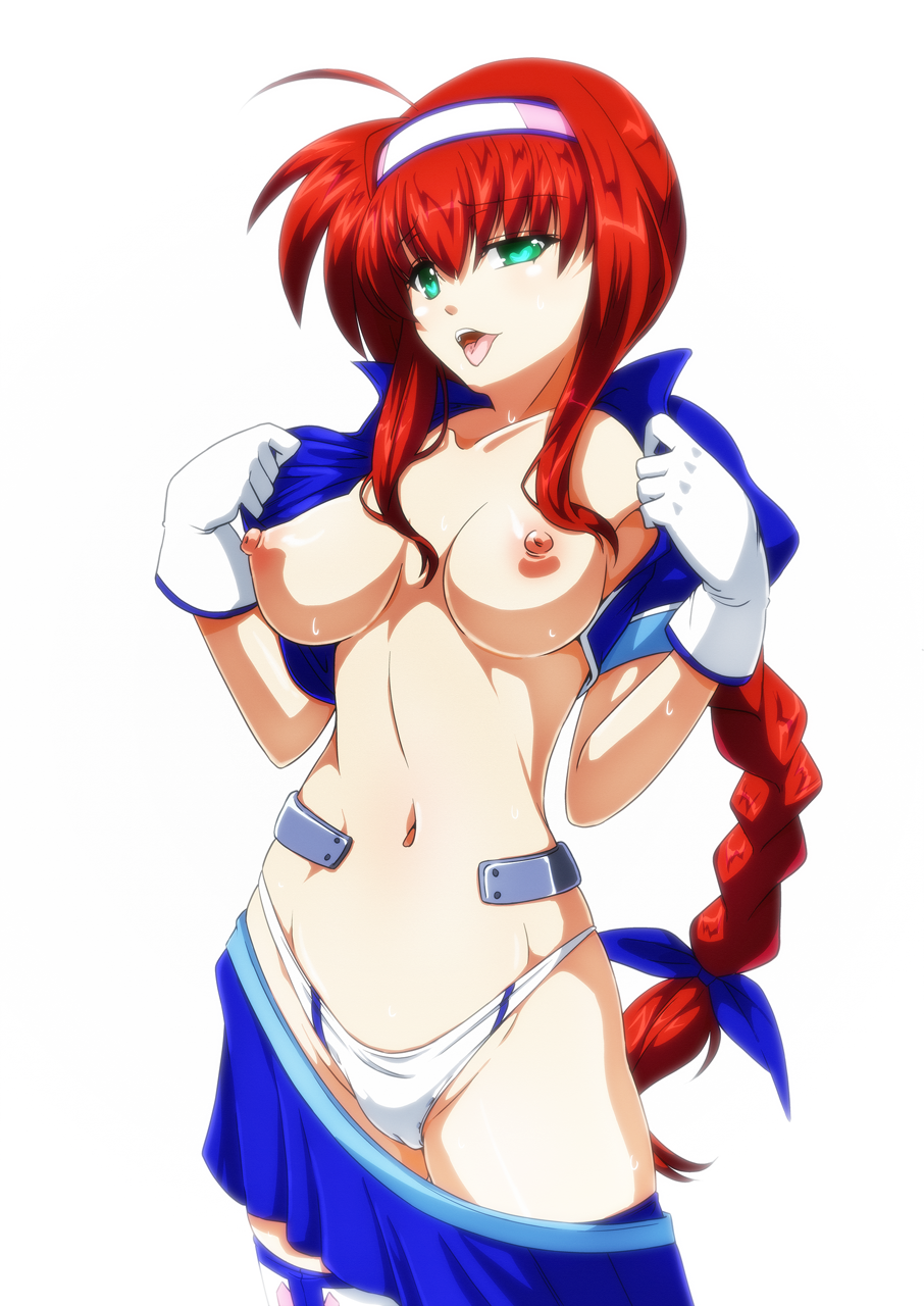 ahoge amitie_florian braid breasts cameltoe gloves green_eyes hairband heart heart-shaped_pupils highres long_hair lyrical_nanoha mahou_shoujo_lyrical_nanoha navel nipples open_mouth panties red_hair skirt solo sweat symbol-shaped_pupils tappa_(esperanza) tongue tongue_out underwear undressing white_gloves