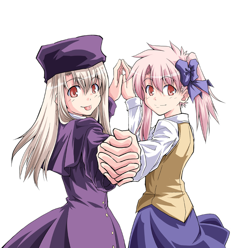 :p blush commentary_request fate/stay_night fate_(series) genderswap genderswap_(mtf) holding_hands illyasviel_von_einzbern interlocked_fingers long_hair long_sleeves looking_at_viewer multiple_girls pink_hair red_eyes rimibure shirouko smile tongue tongue_out white_hair