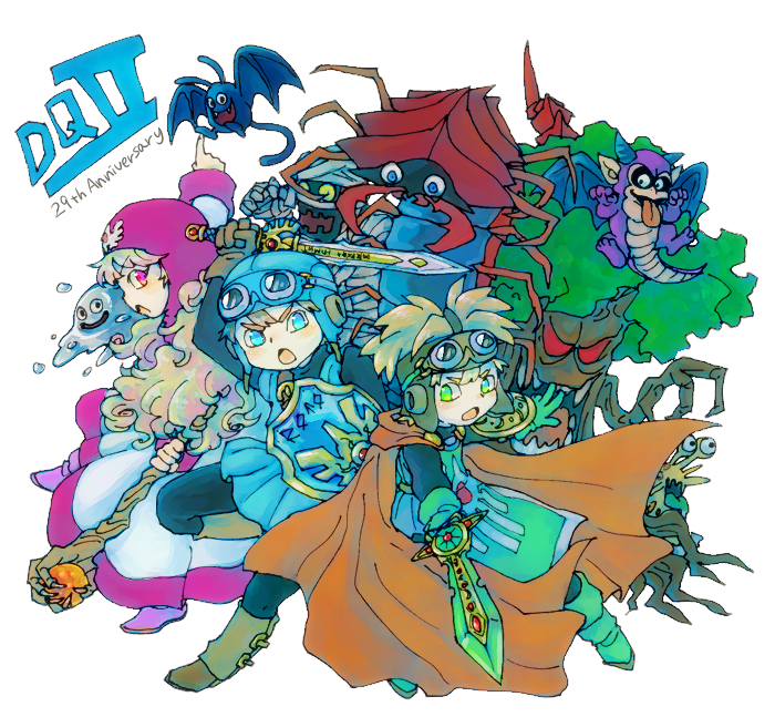 2boys blonde_hair bodysuit cape commentary_request curly_hair dragon_quest dragon_quest_ii drakee dress goggles goggles_on_head goggles_on_headwear hat hood hood_up long_hair mifune_(inuzame) monster multiple_boys open_mouth prince_of_lorasia prince_of_samantoria princess_of_moonbrook shield short_hair spiked_hair staff standing sword tree weapon