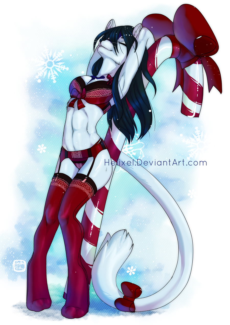 alestra arms_above_head black_hair black_nose bow bra butt candy candy_cane cat christmas clothed clothing distracting_watermark eyes_closed feline female flowing_hair food fur garter garter_belt garter_straps hair helixel_(artist) holidays legwear mammal panties red_bottomwear red_clothing red_topwear ribbons slim smile snow snowflake snowing solo stockings tail_bow tail_ribbon thigh_highs thong underwear watermark white_fur winter