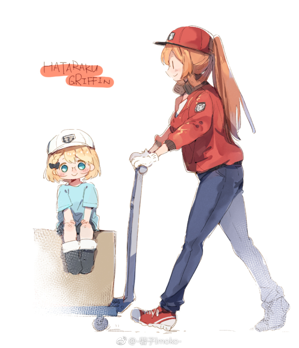 blonde_hair box brown_hair cart commentary_request cosplay g36_(girls_frontline) girls_frontline glasses happy hat hataraku_saibou jacket m1903_springfield_(girls_frontline) multiple_girls platelet_(hataraku_saibou) platelet_(hataraku_saibou)_(cosplay) red_blood_cell_(hataraku_saibou) red_blood_cell_(hataraku_saibou)_(cosplay) shuzi sitting sitting_on_box sitting_on_object smile weibo_username younger