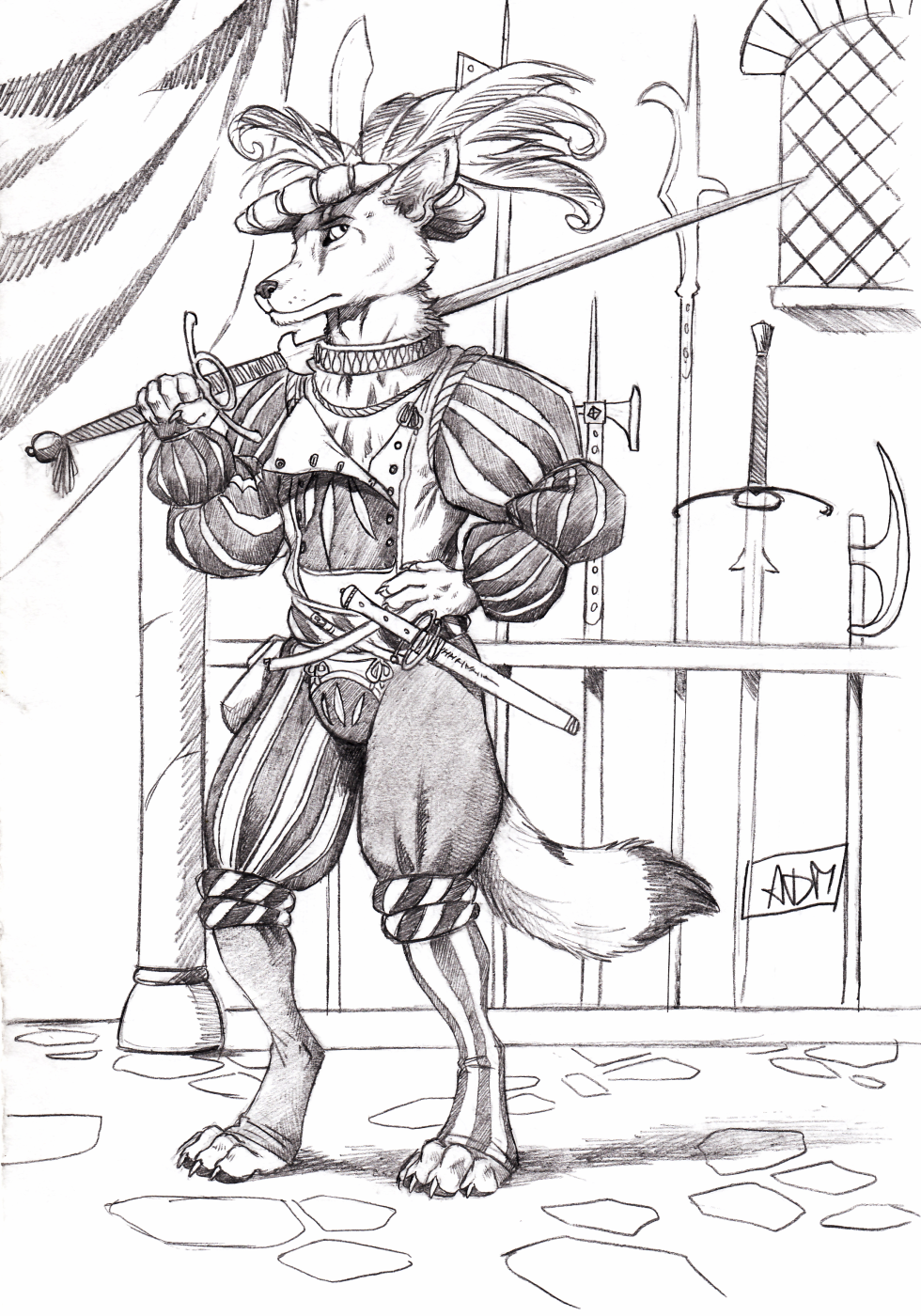 0laffson 2018 4_toes 5_fingers anthro canine clothed clothing detailed_background fox fur holding_object holding_weapon male mammal melee_weapon solo sword toes traditional_media_(artwork) weapon