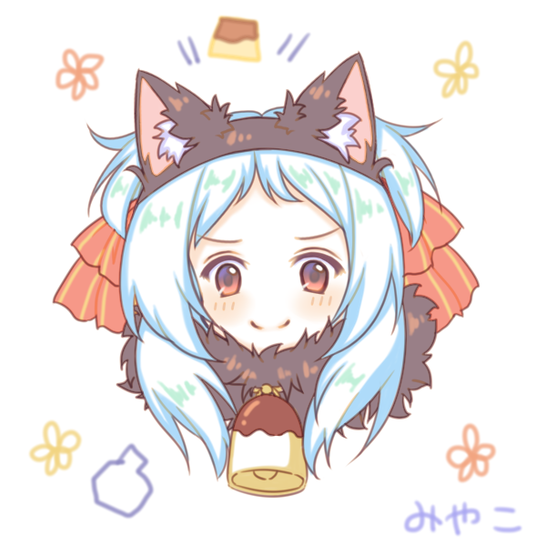 animal_ear_fluff animal_ears bangs bell black_hairband blue_hair blush bow cat_ears closed_mouth fake_animal_ears food forehead fur_collar hair_bow hairband izumo_miyako long_hair parted_bangs portrait princess_connect! princess_connect!_re:dive pudding red_bow red_eyes sakurato_ototo_shizuku signature simple_background smile solo striped striped_bow visible_air white_background