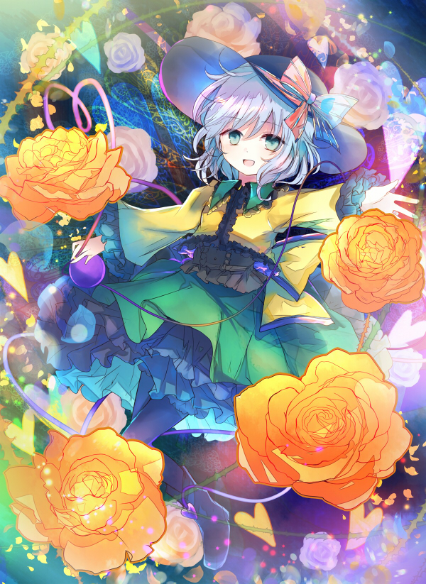 :d ankle_boots aqua_eyes bangs black_footwear black_hat black_legwear blue_hair blush boots bow commentary_request corset eyebrows_visible_through_hair floating flower frilled_shirt frilled_shirt_collar frilled_sleeves frills green_skirt hat hat_bow heart heart_of_string kazu_(muchuukai) komeiji_koishi large_bow long_sleeves looking_at_viewer medium_skirt multicolored_bow open_mouth orange_flower orange_rose outstretched_arms pantyhose petals petticoat rose rose_petals shiny shiny_hair shirt short_hair skirt smile solo spread_fingers striped striped_bow third_eye touhou white_flower white_rose yellow_bow yellow_shirt