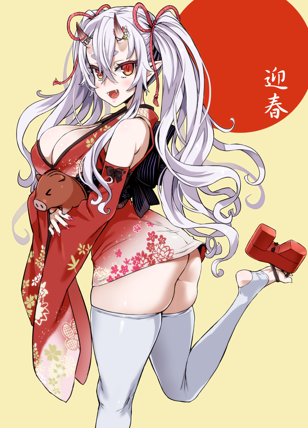 &gt;_&lt; 1girl :d asanagi ass bangs bare_shoulders black_bow black_ribbon blush boar bow breasts commentary_request detached_sleeves fangs floral_print hair_between_eyes hair_ornament highres horn_ornament horns japanese_clothes kimono large_breasts long_hair looking_at_viewer nail_polish new_year oni oni_horns open_mouth original pig pink_nails platform_footwear pointy_ears red_eyes red_footwear red_kimono ribbon ribbon-trimmed_sleeves ribbon_trim sandals sash short_eyebrows silver_hair simple_background slit_pupils smile soles solo standing standing_on_one_leg thighhighs twintails very_long_hair white_hair white_legwear zettai_ryouiki