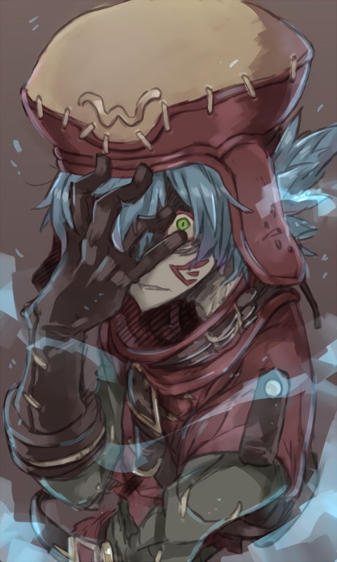 .hack//g.u. 1boy azure_kite belt blue_hair buckle collagen facepaint facial_mark gloves green_eyes hand_on_own_face hat kite_(.hack//) male_focus shaded_face simple_background solo stitches