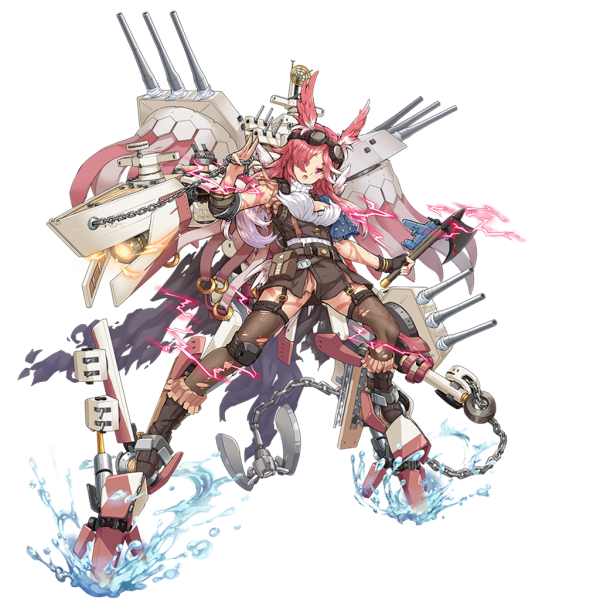aircraft aircraft_catapult airplane anchor banner boots cannon cape chain elbow_sleeve goggles goggles_on_head head_wings holding holding_chain holding_weapon knee_pads mecha_musume north_carolina_(zhan_jian_shao_nyu) pantyhose radar_dish range_finder red_eyes red_hair solo tomahawk torn_cape torn_clothes torn_legwear turret weapon white_hair zhan_jian_shao_nyu