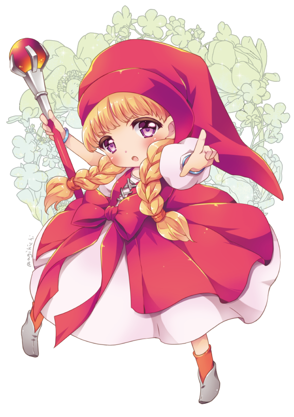 bangs blonde_hair blush bow bracelet braid dragon_quest dragon_quest_xi dress eyebrows_visible_through_hair flower full_body grey_footwear hat holding holding_staff jewelry kichijou_agata long_hair looking_at_viewer open_mouth orange_legwear puffy_short_sleeves puffy_sleeves purple_eyes red_bow red_hat short_sleeves socks solo staff twin_braids veronica_(dq11) white_background