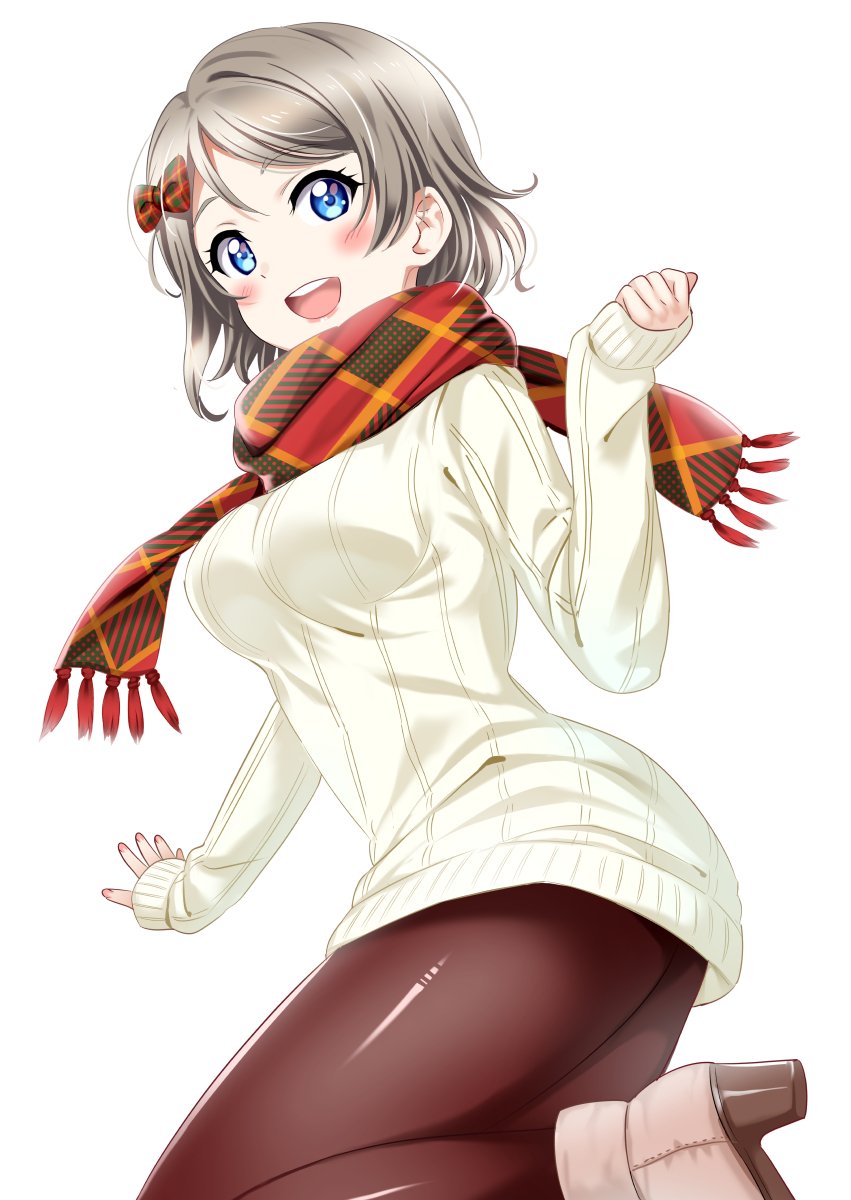 blue_eyes blush boots bow breasts brown_hair checkered checkered_scarf happy highres large_breasts leggings love_live! love_live!_sunshine!! rozen5 scarf short_hair simple_background sleeves_past_wrists smile tagme watanabe_you