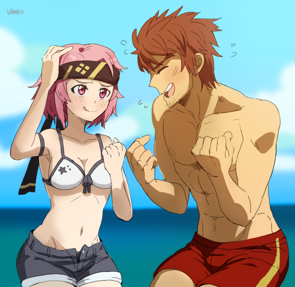 1girl :p abs artist_name bikini black_shorts blanko! brown_hair facial_hair flying_sweatdrops freckles headband klein kneeling lisbeth looking_at_another male_swimwear ocean pink_hair short_hair shorts smile stubble swim_trunks swimsuit swimwear sword_art_online tongue tongue_out