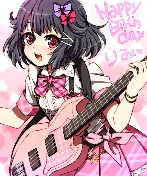 :d akasata bang_dream! bangs bass_guitar black_hair bow bowtie bracelet character_name flower hair_bow hair_flower hair_ornament hairpin happy_birthday heart holding holding_instrument instrument jewelry looking_at_viewer open_mouth pink_bow pink_neckwear pink_ribbon pink_skirt plaid_neckwear purple_bow red_eyes ribbon round_teeth shirt short_hair short_sleeves skirt smile solo suspender_skirt suspenders teeth upper_teeth ushigome_rimi white_shirt x_hair_ornament