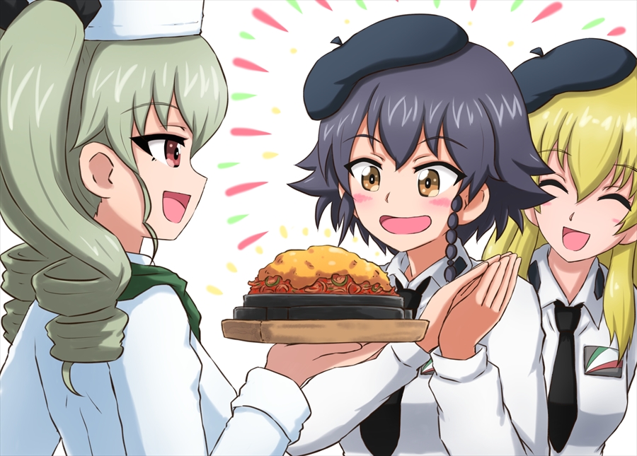 :d anchovy anzio_school_uniform bangs beret black_hair black_hat black_ribbon blonde_hair blush braid brown_eyes carpaccio chef_hat chef_uniform closed_eyes commentary dress_shirt drill_hair emblem emphasis_lines eyebrows_visible_through_hair food girls_und_panzer green_hair green_neckwear hair_ribbon hands_together happy hat holding holding_food jacket long_hair long_sleeves looking_at_another multiple_girls neckerchief omachi_(slabco) open_mouth pasta pepperoni_(girls_und_panzer) plate red_eyes ribbon school_uniform shirt short_hair side_braid smile standing tray twin_drills twintails white_hat white_jacket white_shirt