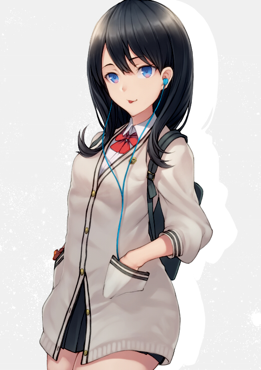 backpack bag bangs banned_artist black_hair black_skirt blue_eyes bow breasts commentary_request earphones grey_background hands_in_pockets hips kyoeiki long_hair long_sleeves looking_at_viewer pleated_skirt school_uniform scrunchie skirt small_breasts smile solo ssss.gridman sweater takarada_rikka tongue tongue_out white_sweater wrist_scrunchie