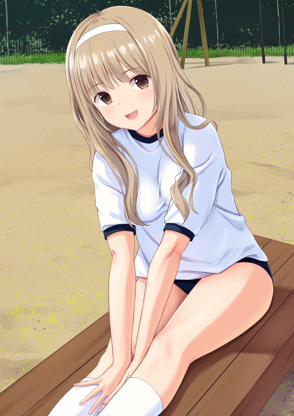:d bangs banned_artist bench blue_buruma blush breasts brown_eyes buruma day eyebrows_visible_through_hair fence gym_shirt gym_uniform hairband highres kneehighs leaning_to_the_side light_brown_hair long_hair looking_at_viewer n.g. on_bench open_mouth original outdoors sand shirt short_sleeves sitting small_breasts smile solo taut_clothes taut_shirt white_hairband white_legwear white_shirt