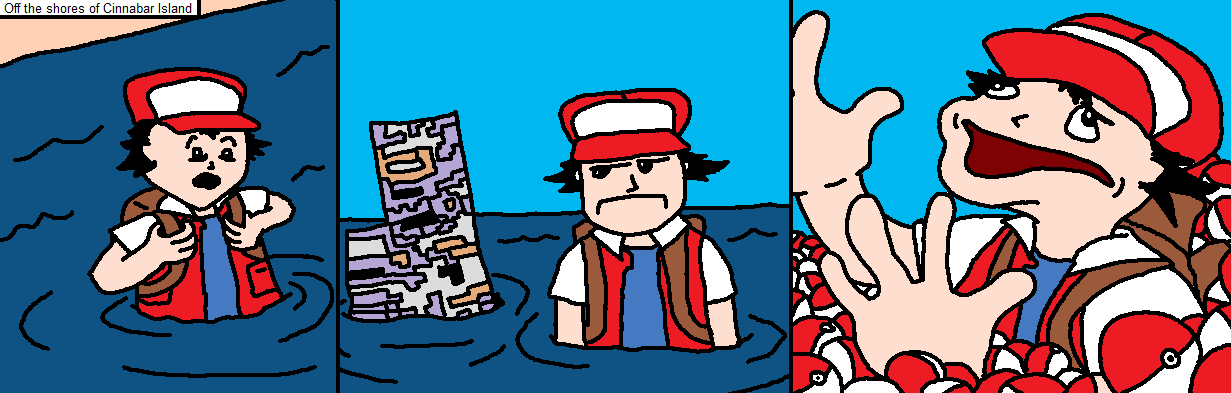 2009 clothing curtains_(artist) english_text glitch hat human humor male mammal missingno. nintendo not_furry pok&eacute;ball pok&eacute;mon red_(pok&eacute;mon) standard_pok&eacute;ball text vest video_games water