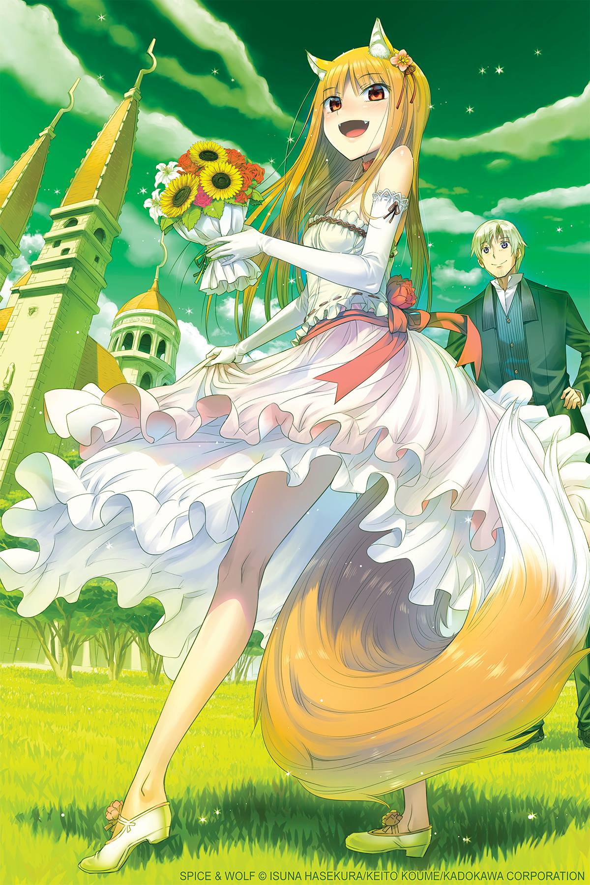 1girl :d animal_ear_fluff animal_ears arched_soles artist_name bangs bare_legs bare_shoulders bouquet breasts castle cloud cloudy_sky company_name copyright_name craft_lawrence dress elbow_gloves fangs fisheye flower frilled_dress frills full_body gloves grass green green_sky high_heels highres historical holding holding_bouquet holo kadokawa kneepits koume_keito large_tail layered_dress legs_apart long_hair long_legs looking_at_viewer official_art on_grass open_mouth orange_eyes orange_hair outdoors outstretched_leg perspective red_flower red_ribbon ribbon ribbon-trimmed_dress sash shadow shiny shiny_hair skinny sky small_breasts smile spice_and_wolf standing straight_hair sunflower tail too_many too_many_frills watermark wedding_dress white_dress white_gloves wolf_ears wolf_girl wolf_tail yellow_flower