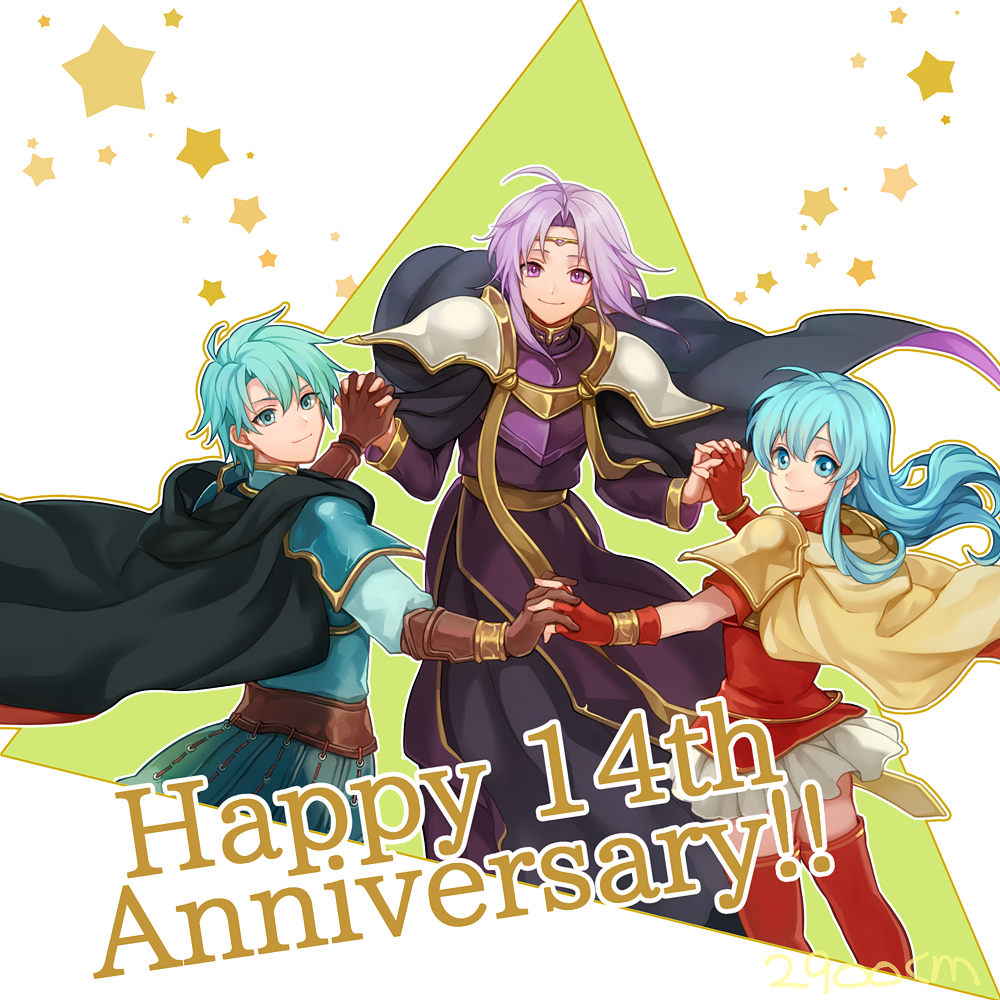 2900cm 2boys armor blue_eyes blue_hair boots cape eirika ephraim fire_emblem fire_emblem:_seima_no_kouseki green_hair long_hair looking_at_viewer lyon_(fire_emblem) multiple_boys purple_cape purple_eyes purple_hair robe short_hair smile