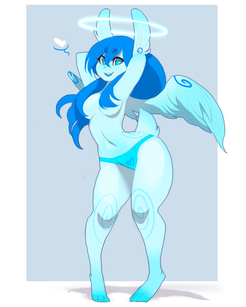 &lt;3 &lt;3_eyes anthro blue_eyes blue_fur blue_hair clothed clothing convenient_censorship female full-length_portrait fur hair hair_covering_breasts halo kanel lagomorph long_hair mammal panties portrait rabbit seraph_(character) solo standing topless underwear wings