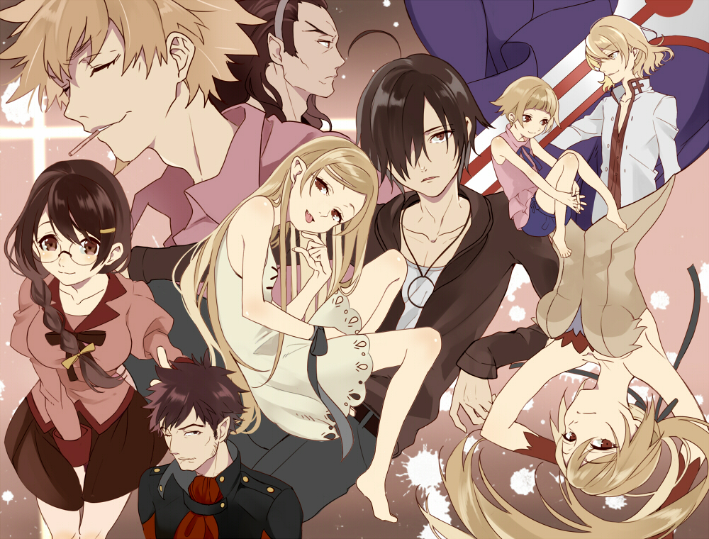 5boys ahoge araragi_koyomi barefoot black_hair blonde_hair braid breasts brown_eyes cigarette closed_eyes closed_mouth commentary_request dramaturgy episode fang glasses gloves guillotine_cutter hair_ornament hair_over_one_eye hairband hairclip hanekawa_tsubasa hoshi_ataru jacket kiss-shot_acerola-orion_heart-under-blade kizumonogatari large_breasts long_hair monogatari_(series) multiple_boys multiple_girls multiple_views oshino_meme pants parted_lips pointy_ears red_eyes school_uniform short_hair skirt small_breasts tongue tongue_out vampire yellow_eyes younger