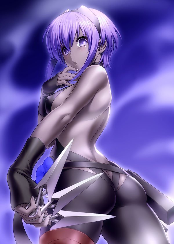 ass back backless_outfit bangs bare_shoulders belt between_fingers black_gloves black_hairband black_leotard blush breasts commentary_request dark_skin fate/prototype fate/prototype:_fragments_of_blue_and_silver fate_(series) fingerless_gloves flower gloves hair_between_eyes hairband hassan_of_serenity_(fate) hips kunai leggings leotard looking_at_viewer looking_to_the_side open_mouth parted_lips purple_eyes purple_hair short_hair small_breasts solo thigh_strap thighs weapon zen