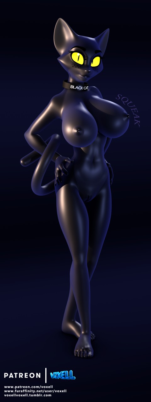 android big_breasts black_skin breasts cat feline female hands_on_hips humanoid machine mammal nude pussy robot rubber voxell_voxell yellow_eyes