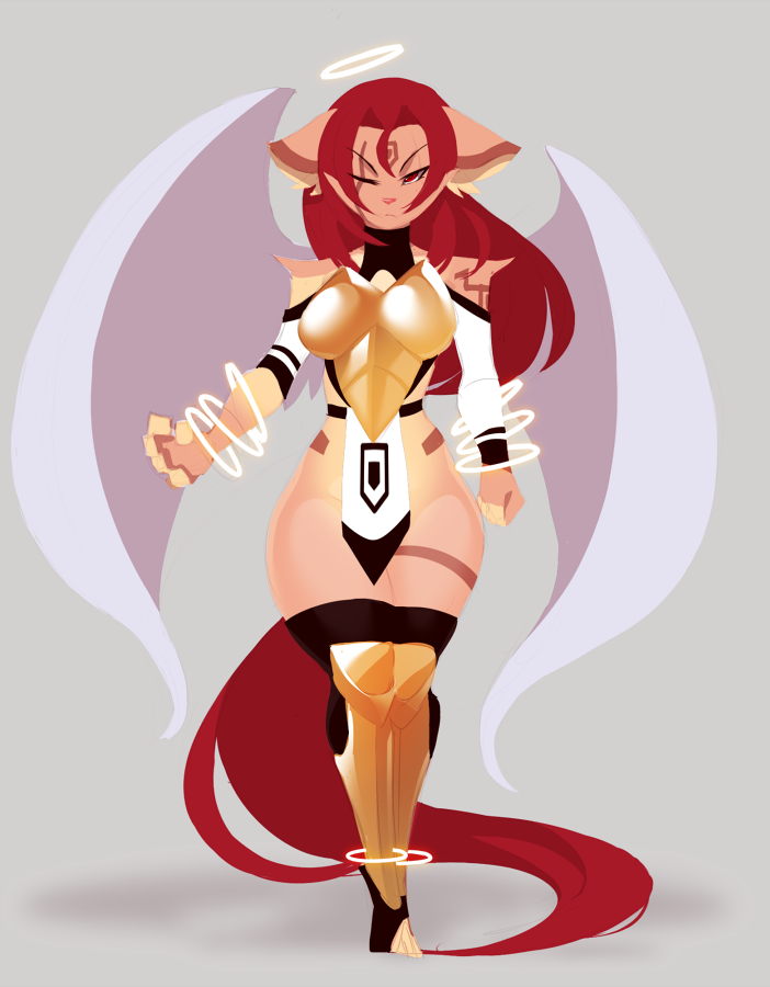 angel anthro armor breasts clothed clothing feline female full-length_portrait grey_background hair halo kanel long_hair mammal one_eye_closed portrait red_eyes red_hair scar simple_background solo standing wings