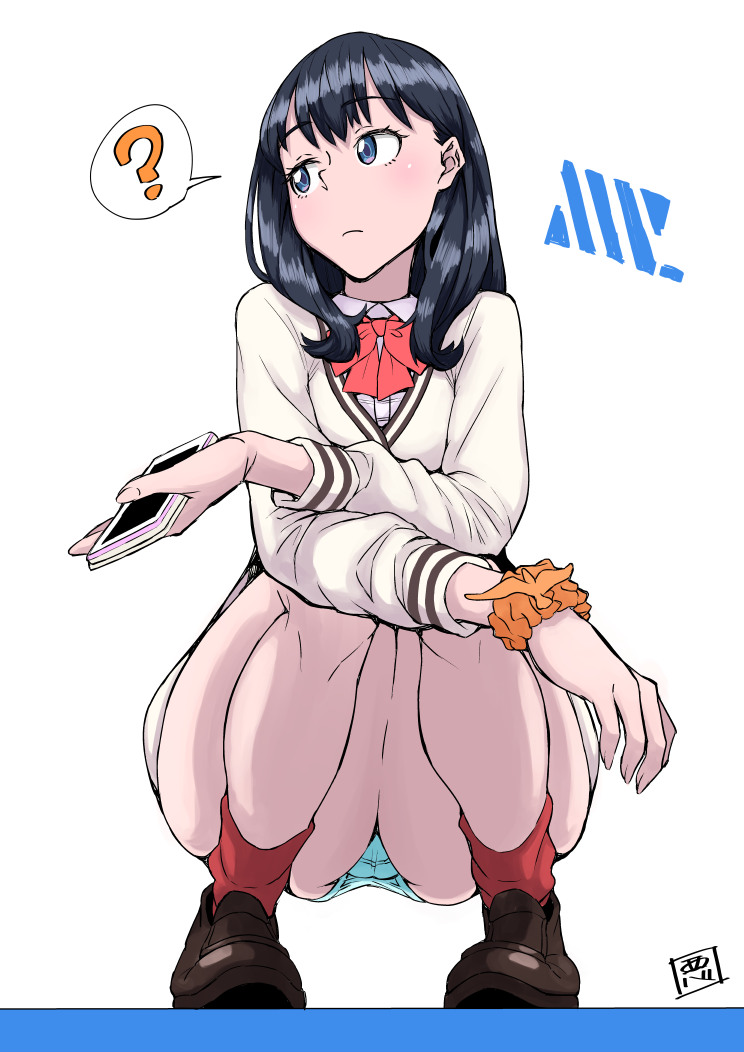 1girl ? arm_scrunchie bad_weather black_hair blue_eyes bow cardigan cellphone closed_mouth full_body holding holding_phone long_hair long_sleeves looking_at_viewer looking_away panties pantyshot pantyshot_(squatting) phone red_legwear shoes smartphone socks spoken_question_mark squatting ssss.gridman takarada_rikka thick_thighs thighs underwear white_background white_panties
