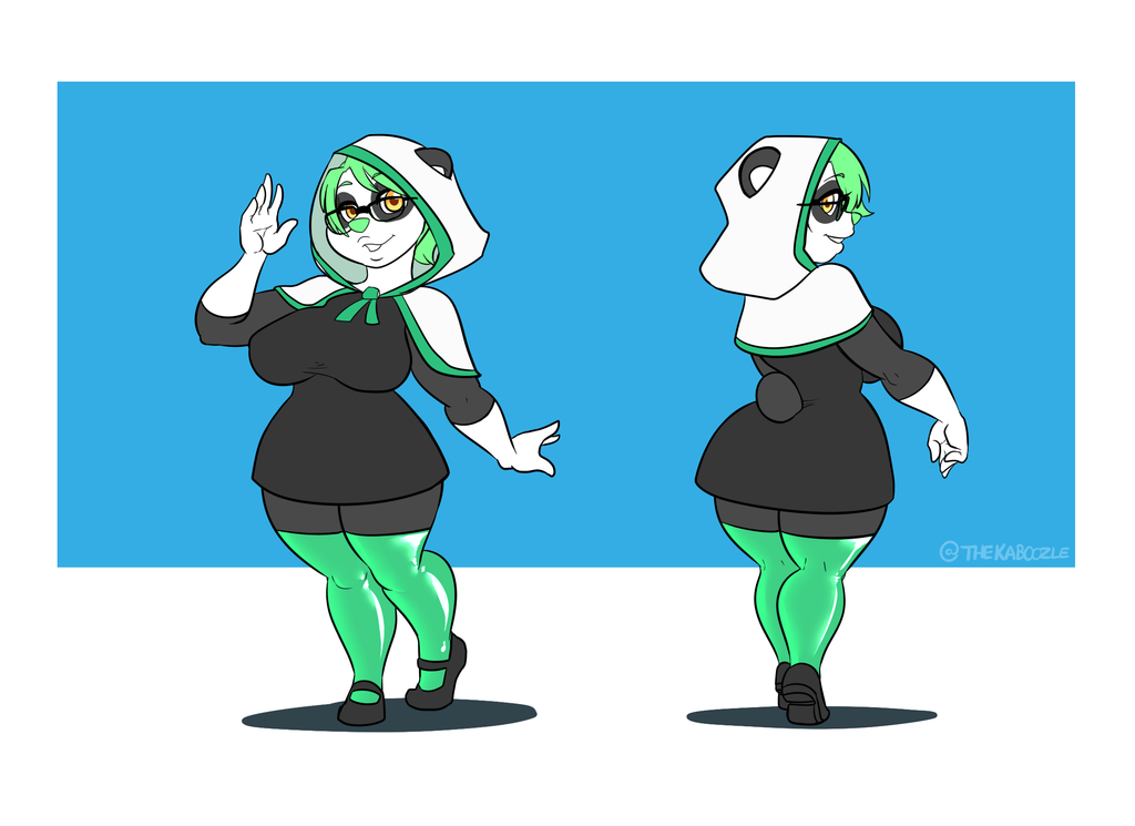 2018 anthro bear black_and_white_fur black_fur breasts clothed clothing digital_media_(artwork) eyewear female footwear fully_clothed fur glasses gloves green_hair hair happy hood invalid_color kaboozle leggings legwear lovanatana_solblom mammal model_sheet orange_eyes panda rubber shirt short short_hair simple_background smile solo standing tagme teeth toony white_fur