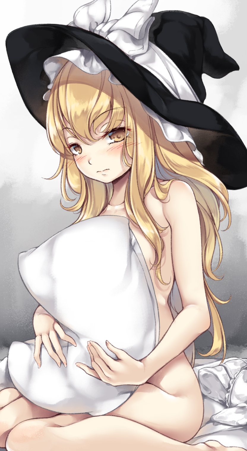 blonde_hair blush breasts covering covering_breasts hair_between_eyes hat hat_ribbon highres kirisame_marisa long_hair looking_at_viewer maremay0513 nude pillow pillow_grab ribbon sitting small_breasts solo touhou underwear_removed white_ribbon witch_hat yellow_eyes