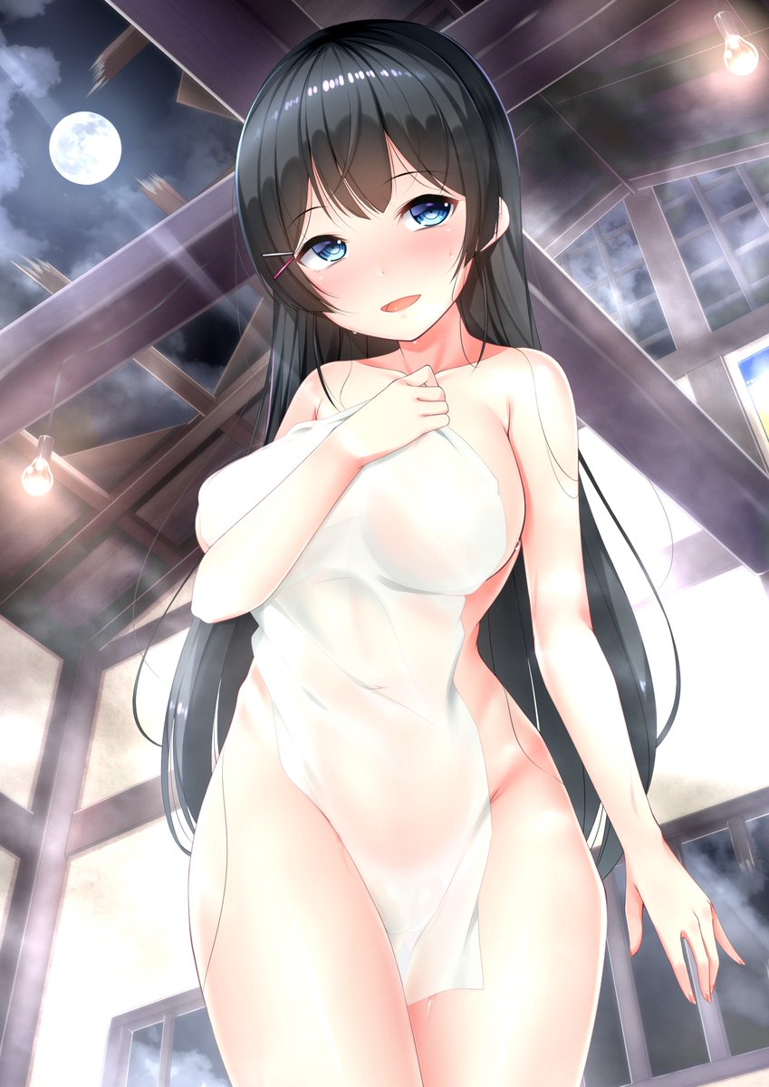 :d arm_at_side bangs bathhouse black_hair blue_eyes blush breasts cloud collarbone covered_navel covering cowboy_shot from_below full_moon hair_ornament hairclip hand_on_own_chest highres holding holding_towel indoors large_breasts light_bulb long_hair looking_up moon night night_sky nijisanji nude_cover open_mouth sidelocks sky smile solo steam towel tsukino_mito virtual_youtuber window yori_dai