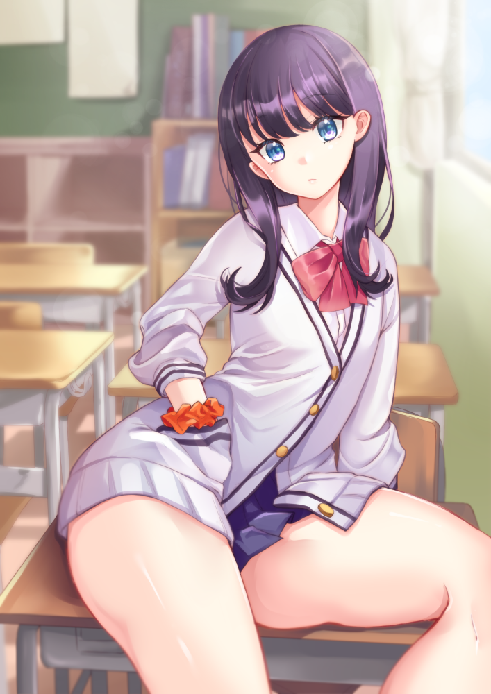 blue_eyes bow bowtie cardigan classroom closed_mouth commentary_request hand_in_pocket head_tilt indoors legs long_hair looking_at_viewer nekomiya_noru_(yuduki710) purple_hair red_neckwear school shirt sitting solo ssss.gridman takarada_rikka thighs white_cardigan white_shirt