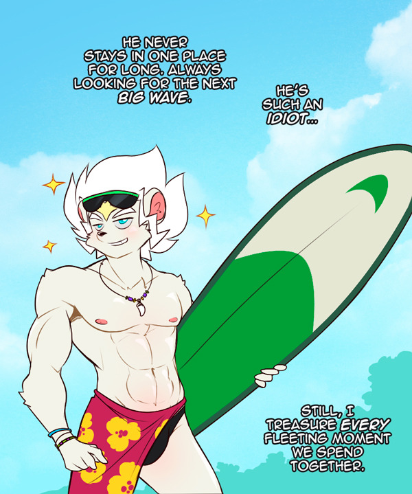 5_fingers abs anthro biped bulge chalo clothed clothing dialogue english_text eyewear fur hair hamster holding_object jewelry male mammal navel necklace nipples outside pulsar_(chalo) rodent skimpy smile solo sunglasses surfboard teeth text white_fur white_hair