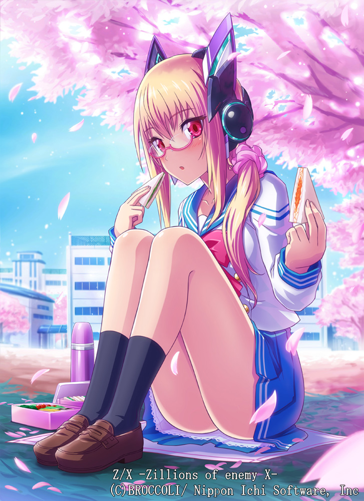 blonde_hair blue_skirt blue_sky blush bow brown_footwear building cherry_blossoms company_name copyright_name day eblmeka food glasses hair_ornament headset holding holding_food loafers long_hair looking_at_viewer obentou official_art outdoors penny_loafers petals pink-framed_eyewear pink_scrunchie ponytail red_bow red_eyes sandwich school_uniform scrunchie shoes sidelocks sitting skirt sky socks thermos z/x