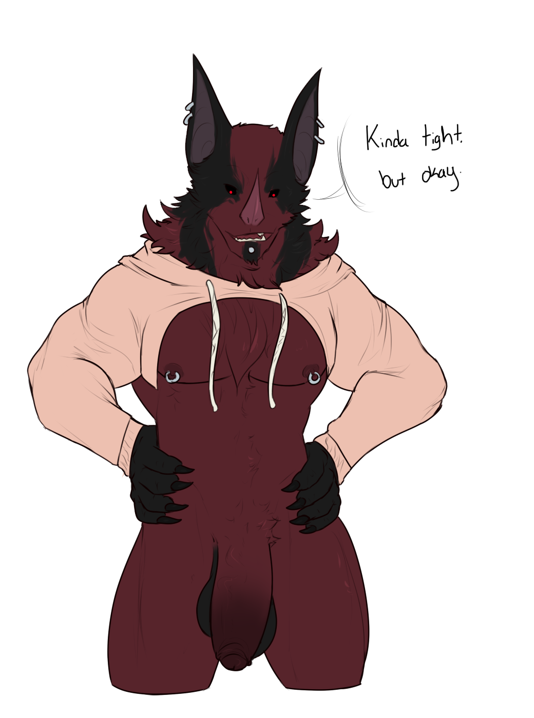 2018 balls bat big_balls big_penis bottomless claws clothed clothing dhalo_(himeros) dialogue drawyourfursona ear_piercing facial_piercing fur himerosthegod hoodie lip_piercing male mammal meme muscular nipple_piercing nipples penis piercing pink_sweater red_eyes red_fur simple_background solo twitter_hoodie uncut white_background