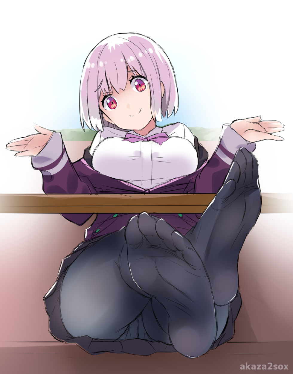 akaza bow breasts commentary_request feet highres jacket large_breasts lavender_hair looking_at_viewer no_shoes off_shoulder panties panties_under_pantyhose pantyhose purple_jacket red_eyes school_uniform shinjou_akane shirt short_hair shrug sitting skirt smile ssss.gridman underwear white_shirt