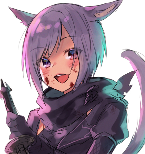 1girl :d animal_ears bangs black_scarf blood blood_on_face cat_ears cat_girl cat_tail commentary_request eyebrows_visible_through_hair final_fantasy final_fantasy_xiv gloves holding holding_weapon looking_at_viewer lowres midorikawa_you miqo'te miqo'te ninja open_mouth puffy_short_sleeves puffy_sleeves purple_gloves purple_hair red_eyes scarf short_hair short_sleeves sidelocks simple_background smile solo tail tail_raised upper_body weapon white_background