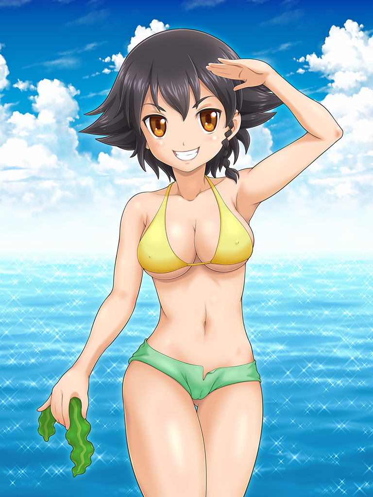 bikini bikini_shorts black_hair blush braid breasts brown_eyes cameltoe covered_nipples day girls_und_panzer groin haru_kanata large_breasts looking_at_viewer navel ocean pepperoni_(girls_und_panzer) short_hair shorts sky smile solo swimsuit swimwear