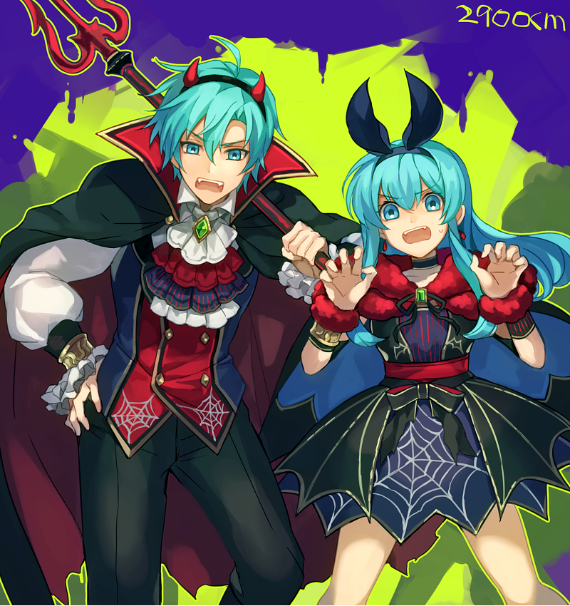 1girl 2900cm animal_ears bat_ears blue_eyes blue_hair cape demon_horns demon_tail demon_wings eirika ephraim fang_out fangs fire_emblem fire_emblem:_seima_no_kouseki fire_emblem_heroes halloween halloween_costume holding holding_weapon horns long_hair polearm tail trident twintails weapon wings