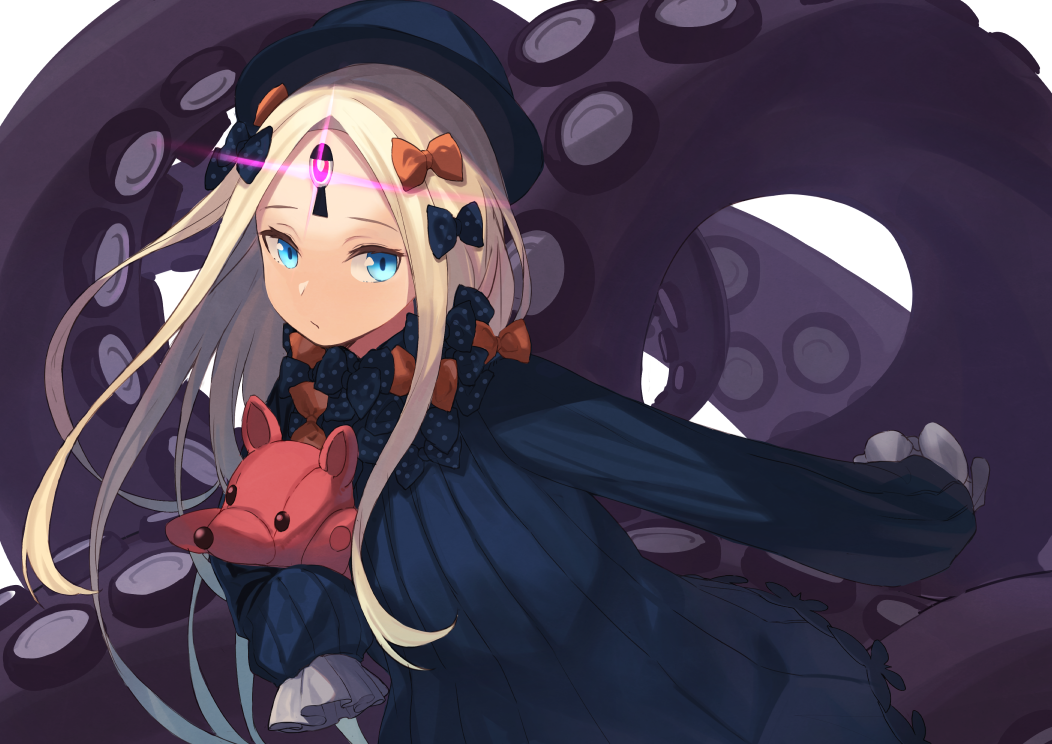 1girl abigail_williams_(fate/grand_order) bangs black_bow black_dress black_hat blonde_hair blue_eyes bow bug butterfly closed_mouth commentary_request dress fate/grand_order fate_(series) glowing hair_bow hat insect long_hair long_sleeves looking_at_viewer object_hug orange_bow parted_bangs peroncho polka_dot polka_dot_bow simple_background sleeves_past_fingers sleeves_past_wrists solo stuffed_animal stuffed_toy suction_cups teddy_bear tentacle very_long_hair white_background