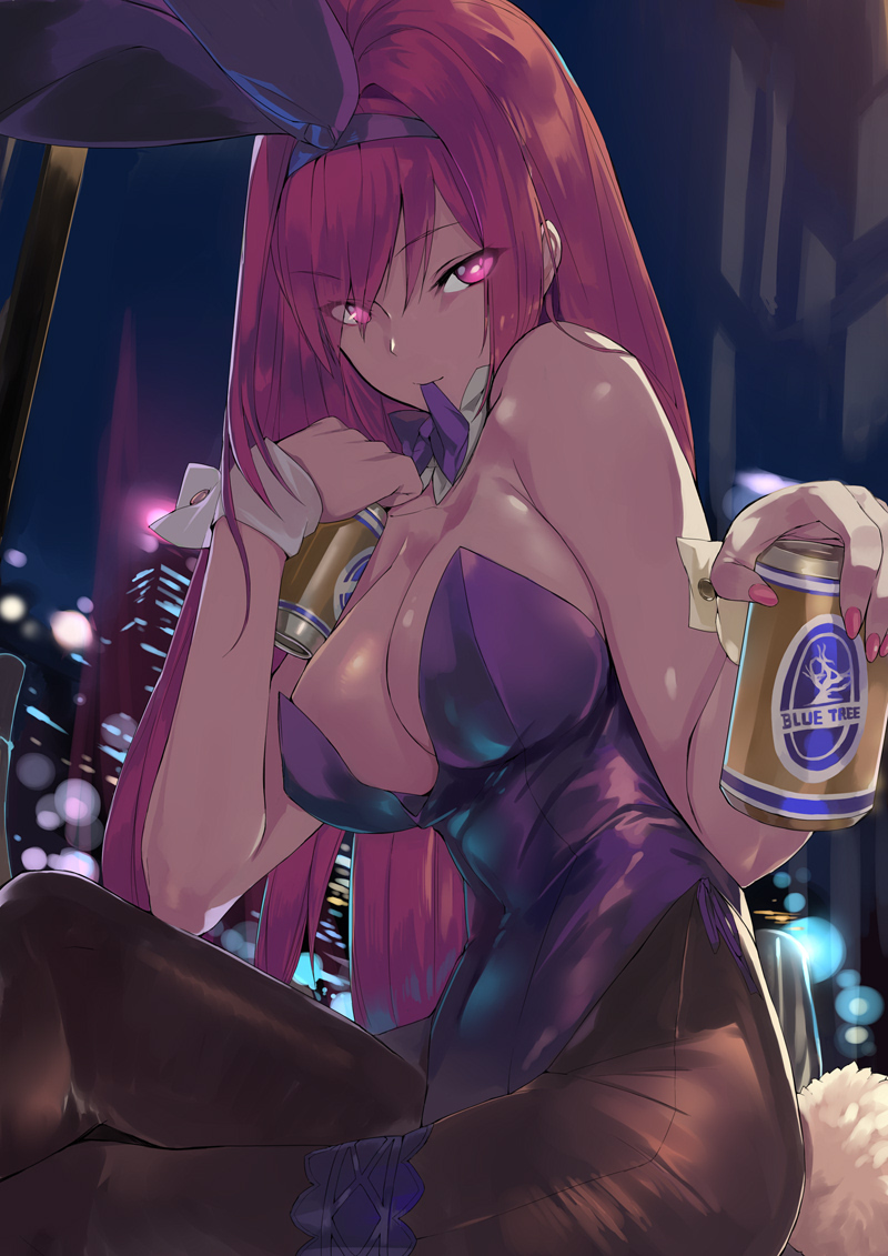 animal_ears bare_shoulders beer_can black_legwear bow bowtie breasts building bunny_ears bunnysuit can cleavage detached_collar fate/grand_order fate_(series) feet_out_of_frame large_breasts leotard long_hair looking_at_viewer mouth_hold night ohland pantyhose purple_hair purple_leotard purple_neckwear red_eyes scathach_(fate)_(all) scathach_(fate/grand_order) sitting solo strapless strapless_leotard wrist_cuffs