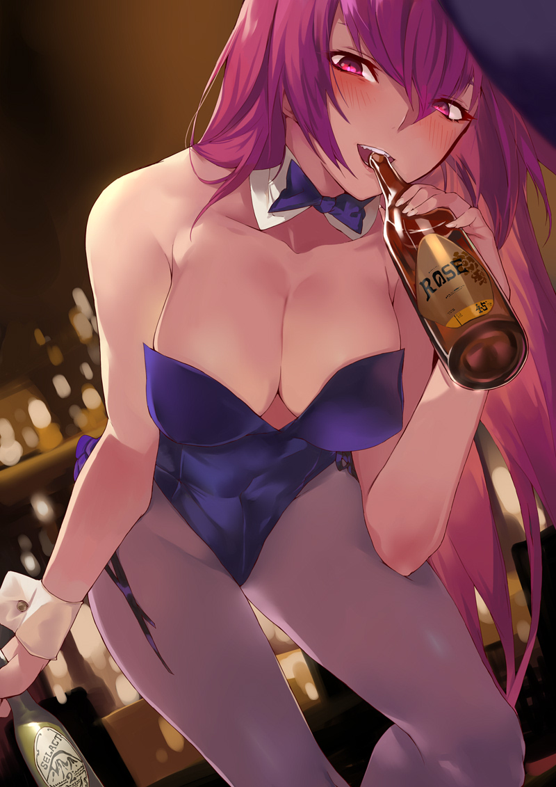 :d animal_ears bangs bar bare_shoulders blue_bow blue_leotard blue_neckwear blush bottle bow bowtie breasts bunny_ears bunny_girl bunnysuit cleavage collarbone detached_collar dutch_angle eyes_visible_through_hair fate/grand_order fate_(series) female from_below grey_legwear hair_between_eyes hand_up highres holding holding_bottle indoors large_breasts leaning leaning_forward legs leotard long_hair looking_at_viewer looking_down mouth_hold ohland open_mouth pantyhose purple_hair red_eyes round_teeth scathach_(fate)_(all) scathach_(fate/grand_order) smile solo standing strapless strapless_leotard teeth thighs type-moon upper_teeth wine_bottle wrist_cuffs