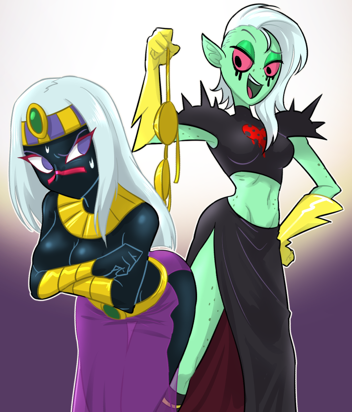 4_fingers alien big_breasts black_skin breasts clothed clothing clothing_theft covering covering_breasts covering_self duo female freckles gradient_background green_skin hair holding_bra holding_object humanoid jewelry lord_dominator midriff no_irises no_pupils not_furry open_mouth pink_sclera pointy_ears purple_eyes queen_tyr'ahnee running_mascara simple_background skimpy skirt sweat sweatdrop ta-na translucent transparent_clothing white_hair