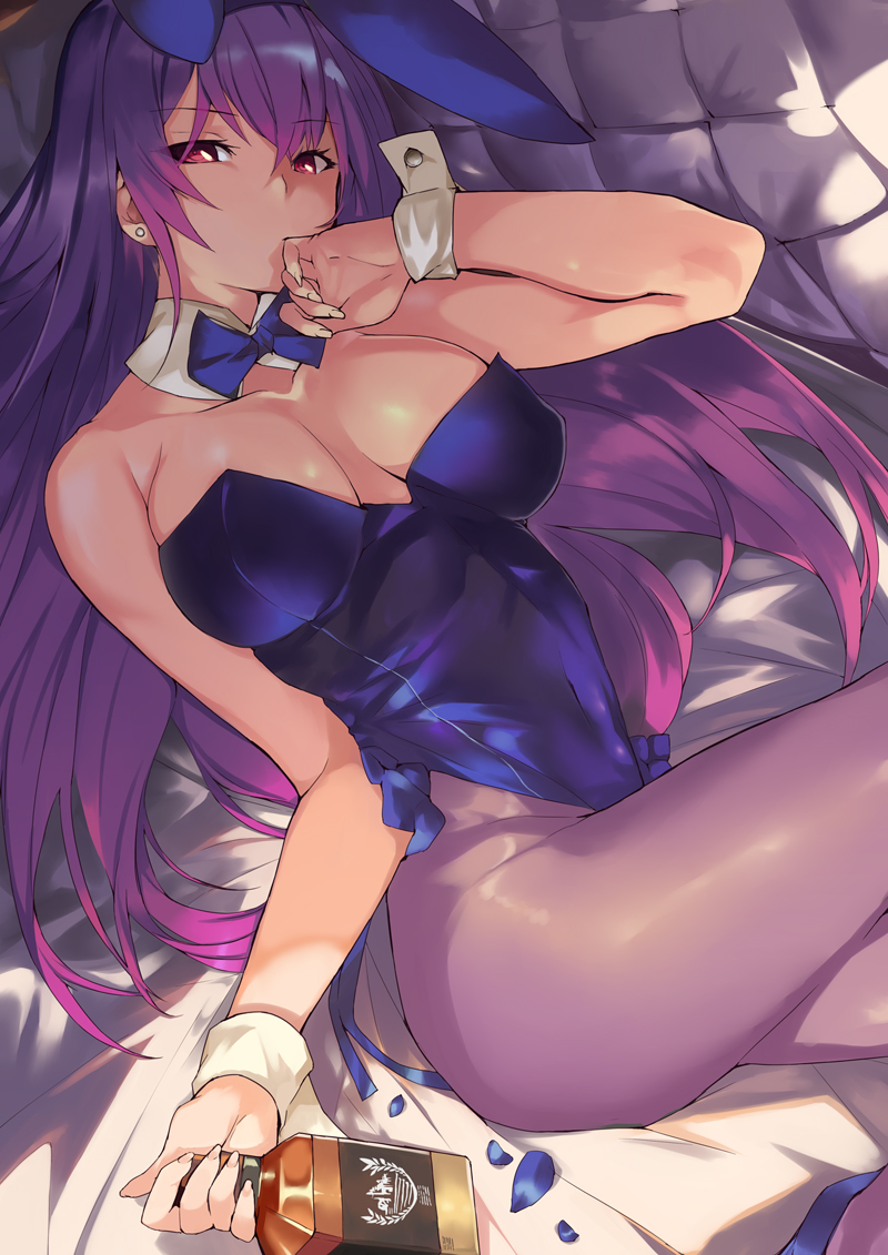 alcohol animal_ears bangs bare_arms bare_shoulders bed blue_bow blue_footwear blue_leotard blue_neckwear bottle bow bowtie breasts breasts_apart bunny_ears collarbone couch detached_collar drink earrings eyebrows_visible_through_hair fake_animal_ears fate/grand_order fate_(series) female finger_to_mouth from_above grey_legwear hair_between_eyes hand_up high_heels highres hips holding holding_bottle jewelry large_breasts legs leotard liquor long_hair looking_at_viewer lying ohland on_back on_bed pantyhose petals purple_hair red_eyes scathach_(fate)_(all) scathach_(fate/grand_order) shade solo strapless strapless_leotard stud_earrings thighs type-moon wrist_cuffs