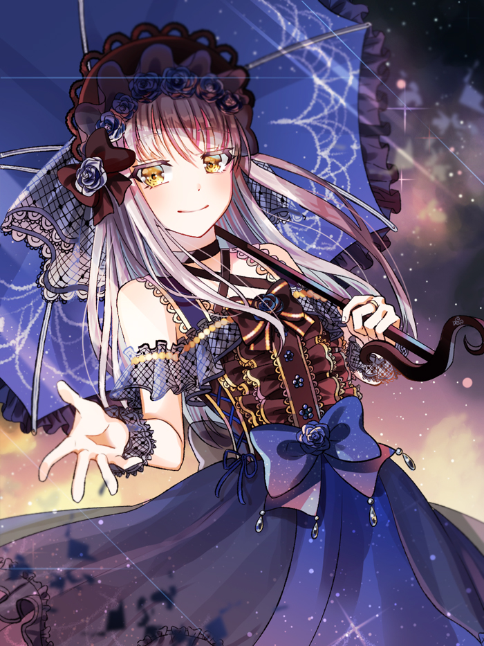 bang_dream! bangs black_bow black_choker black_neckwear blue_bow blue_flower blue_rose blue_umbrella bonnet bow bowtie center_frills choker dew_(dltmf2266) dress flower frilled_umbrella grey_hair hair_bow hair_flower hair_ornament head_wreath holding holding_umbrella jewelry lace long_hair looking_at_viewer minato_yukina outstretched_hand ring rose smile solo sparkle umbrella veil wristband yellow_eyes