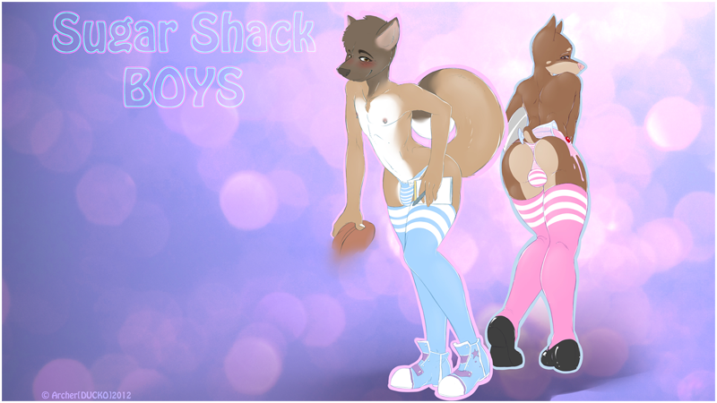 2012 abstract_background akita anthro biped black_eyebrows black_nose blaine_edan blue_clothing blue_legwear blue_stockings blush brown_fur brown_tail bulge canine clothed clothing cup digital_media_(artwork) doberman dog ducko duo eyebrows footwear fur girly hi_res holding_object hurst legwear looking_at_viewer male mammal multicolored_fur multicolored_tail nipples notebook pen pink_clothing pink_legwear pink_nipples pink_nose pink_stockings shoes short_tail simple_background small_tail smile spill standing stockings striped_bottomwear striped_clothing striped_underwear thigh_highs thong underwear white_fur white_tail