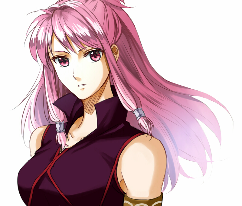 bare_shoulders delsaber fire_emblem fire_emblem:_seima_no_kouseki long_hair looking_at_viewer marica_(fire_emblem) pink_eyes pink_hair ponytail shirt simple_background sleeveless sleeveless_shirt solo upper_body white_background