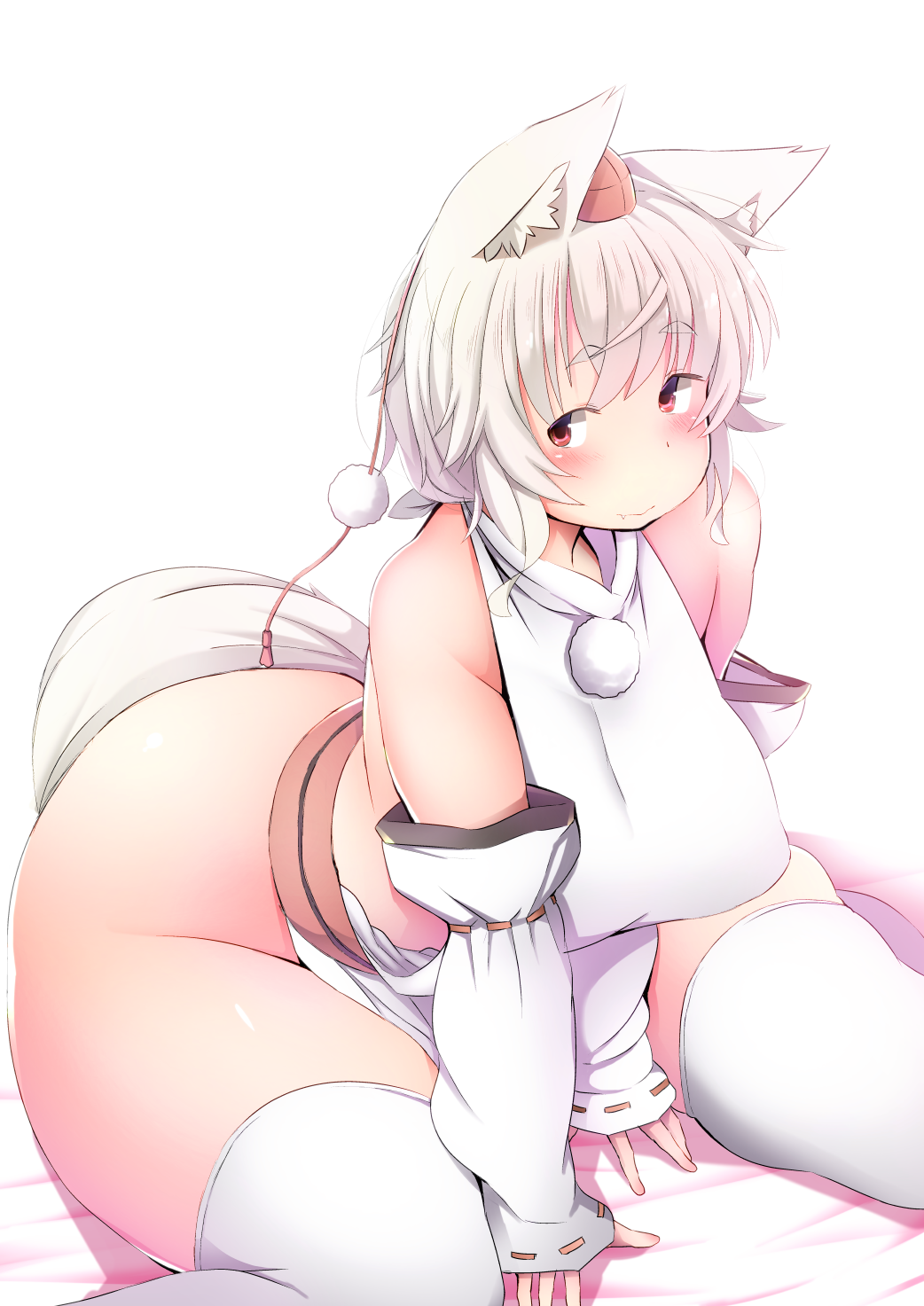 animal_humanoid armwear big_breasts blush bottomless breasts canine canine_humanoid clothed clothing detached_sleeves female hair hat humanoid inner_ear_fluf legwear mammal momiji_inubashiri red_eyes shirt shishi_juuroku short_hair sitting solo thick_thighs thigh_highs tokin_hat touhou white_hair wide_hips wolf_humanoid