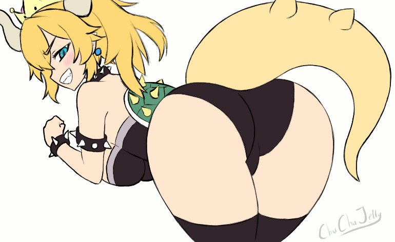 alternate_species animal_humanoid animated armband big_butt biped blonde_hair blue_eyes bowser bowsette_meme breasts butt butt_pose chuchujellyart clothing crossgender female hair humanoid humanoidized koopa legwear leotard looking_at_viewer looking_back mario_bros nintendo pale_skin raised_tail scalie shaking_butt shell simple_background smile solo stockings super_crown teeth thick_tail thigh_highs under_boob video_games white_background wristband yellow_tail