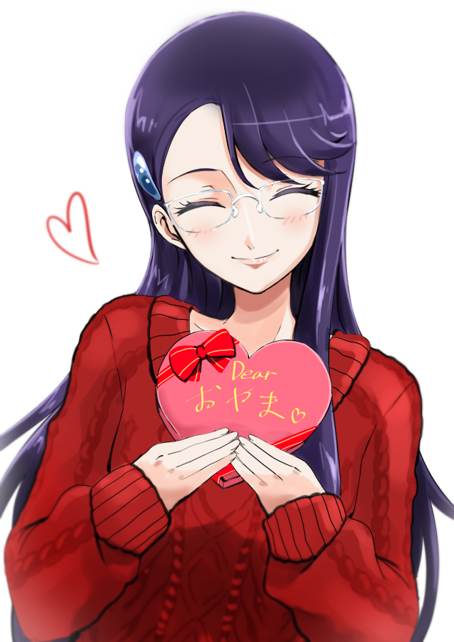 blush box closed_eyes floating_hair glasses head_tilt heart heart-shaped_box heartcatch_precure! long_hair precure purple_hair red_sweater rimless_eyewear simple_background smile solo sweater tsukikage_oyama tsukikage_yuri upper_body valentine very_long_hair white_background